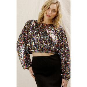NWT En Creme Multi Color Rainbow Rubina Confetti Sequin Cropped Top